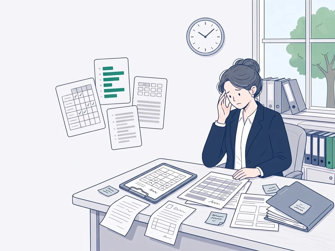 A drawing of a school administrator at a desk covered in attendance sheets, spreadsheets, a report card form and a folder of transcripts, with the same kinds of pages drifting apart beside her.
