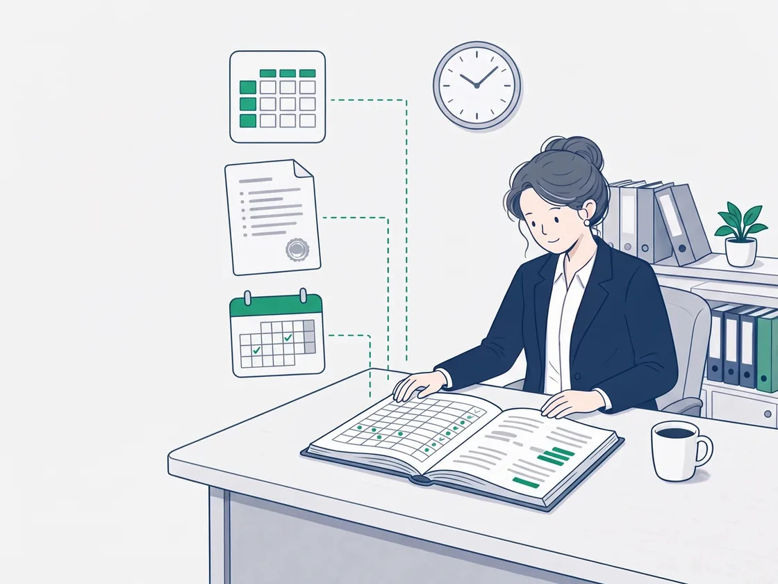A drawing of the same administrator at a tidy desk with one open record book, a report card, a transcript and a calendar drawn beside it and joined to the book by dashed lines.