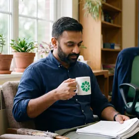 A teacher reading marked papers in a staff room, an Elevate Grade mug in hand