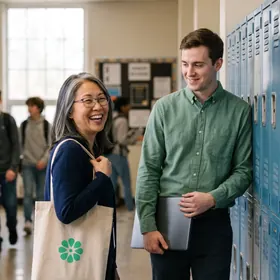 Two educators talking in a school hallway, one carrying an Elevate Grade tote bag