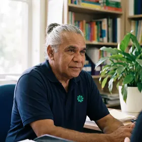 An educator listening in a school office, the Elevate Grade mark on his polo shirt