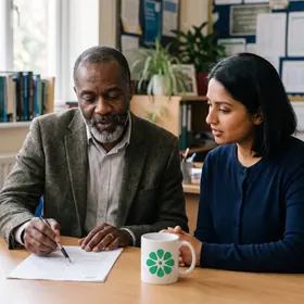 Two educators reviewing a marked page together, an Elevate Grade mug between them