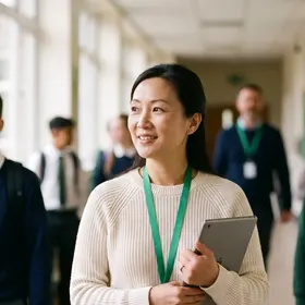 An educator with a tablet in a school corridor, wearing an Elevate Grade lanyard