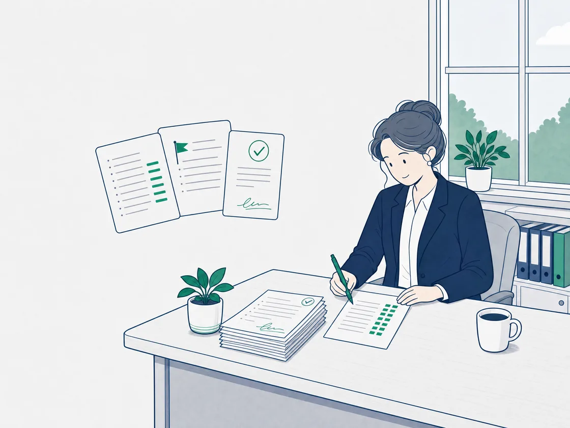 A drawing of a school leader at an office desk signing a marked paper beside a signed stack, with a marked list, a flagged page and a signed page above the desk.