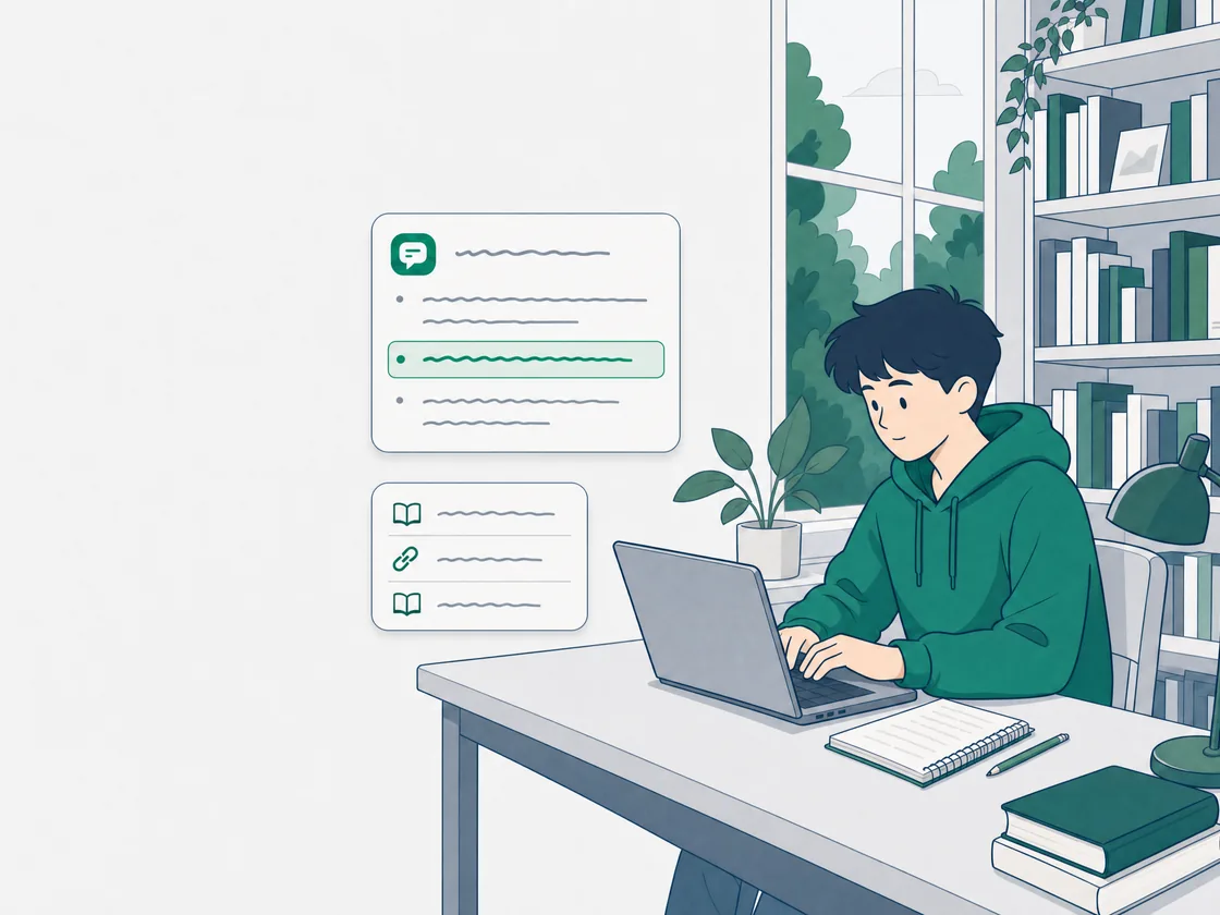 A drawing of a student at a library table asking Marlo, the Tutor, about the course, with an answer card and its sources beside him.