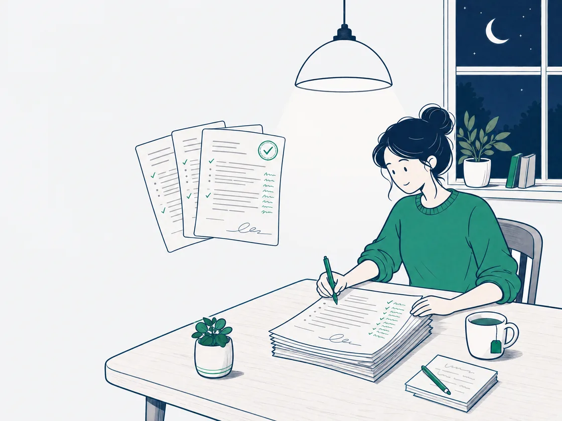 A drawing of a teacher at a table at night signing the top page of a pile of marked papers, with three marked and signed pages drawn beside her.