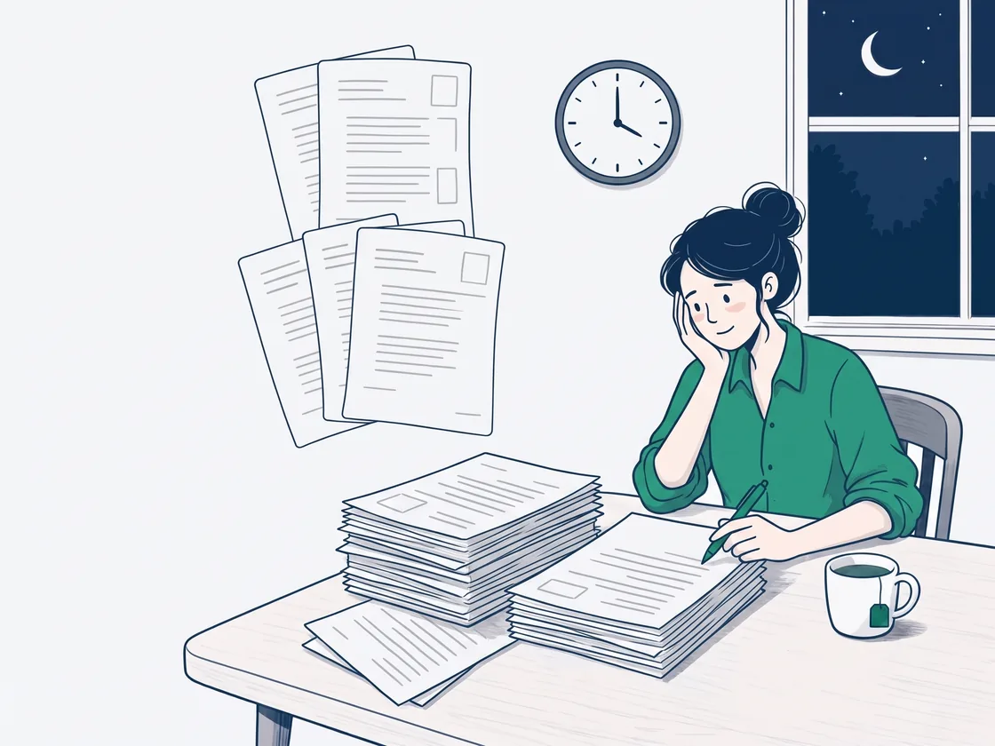 A drawing of a teacher at her kitchen table late at night, cheek in her hand, beside two tall stacks of unmarked papers, with more pages waiting in the air beside her.