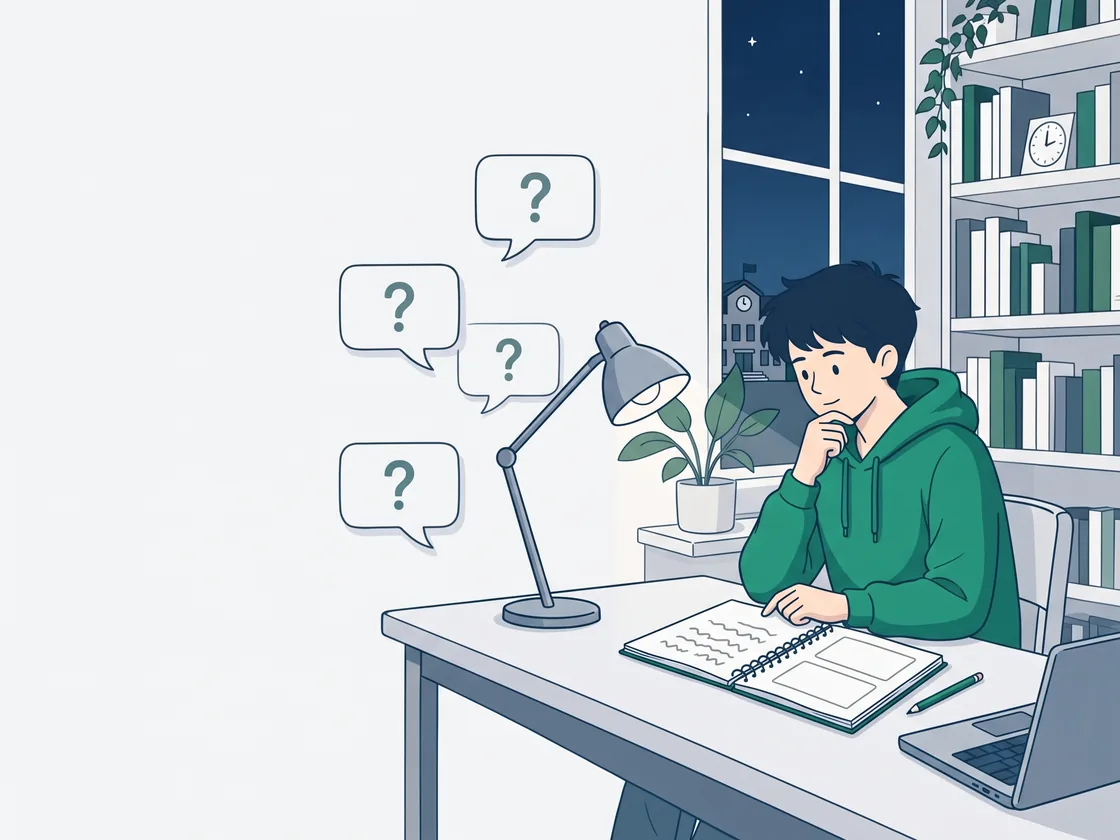 A drawing of a student at a desk in the evening, chin in hand over an open notebook, with four speech bubbles holding question marks drifting up beside him and the school dark through the window.