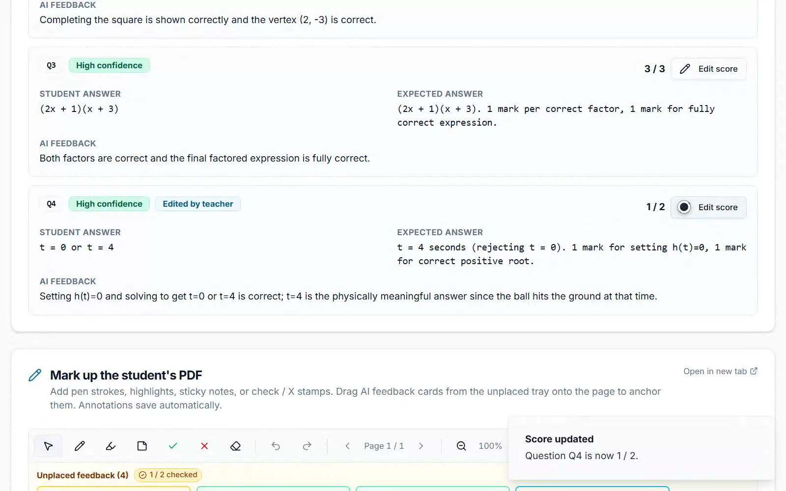 A marked class set in Margin: the class numbers and three graded papers, one paper with its per-question feedback, and a teacher changing a mark and marking the paper reviewed.