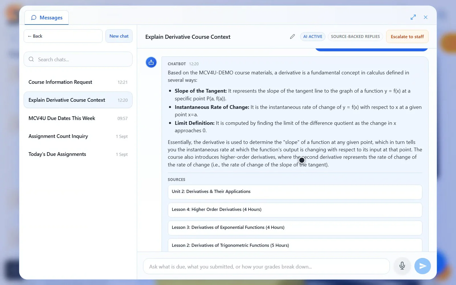 Marlo inside a Moodle course: a student reads back two answers, what a derivative is and an overview of the course, each with the course pages it came from listed underneath.
