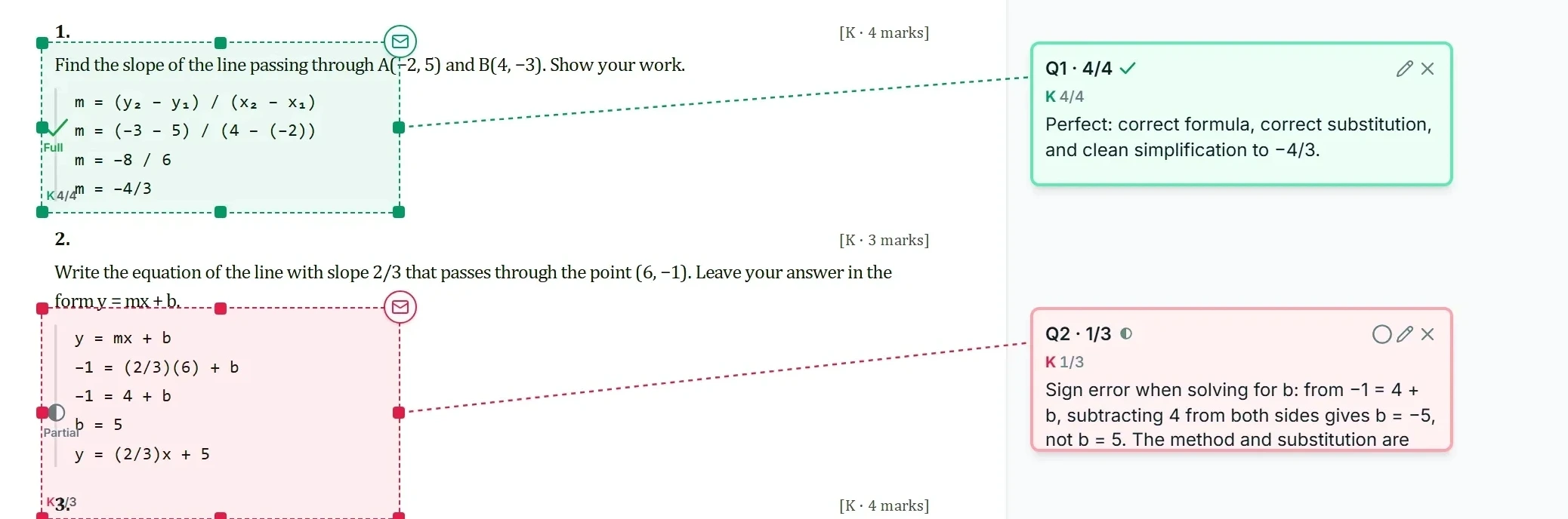 A marked test page with a feedback card beside each answer, joined to the line it refers to.