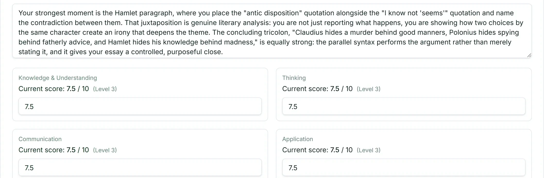 An essay scored per Ontario category, Knowledge, Thinking, Communication and Application, each with a mark out of ten and an achievement level in an editable box.