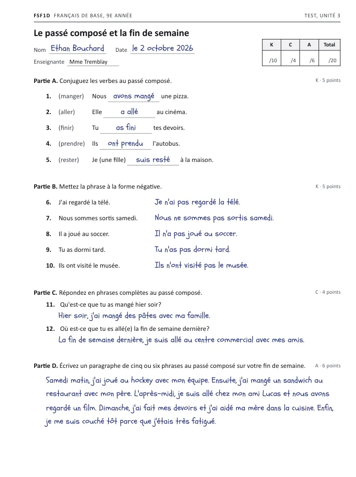 Ethan Bouchard's handwritten French test as he handed it in: four parts on the passé composé, nothing marked yet.