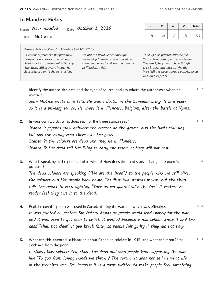 Noor Haddad's handwritten answers on the In Flanders Fields source analysis, with the poem printed above them, as she handed it in.