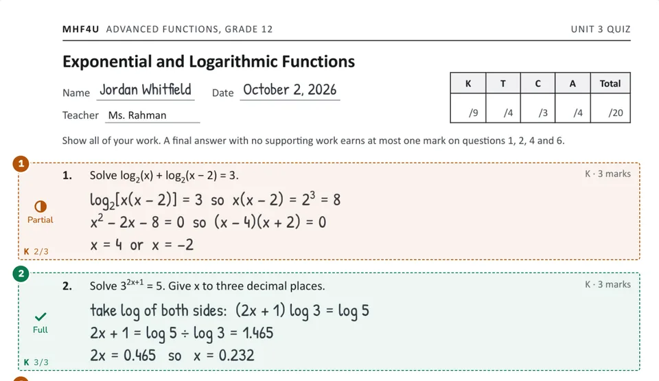 The top of the MHF4U quiz after Margin marked it: the first question boxed with a partial mark, 2 out of 3, and the second with full marks, 3 out of 3, each with its Knowledge score.