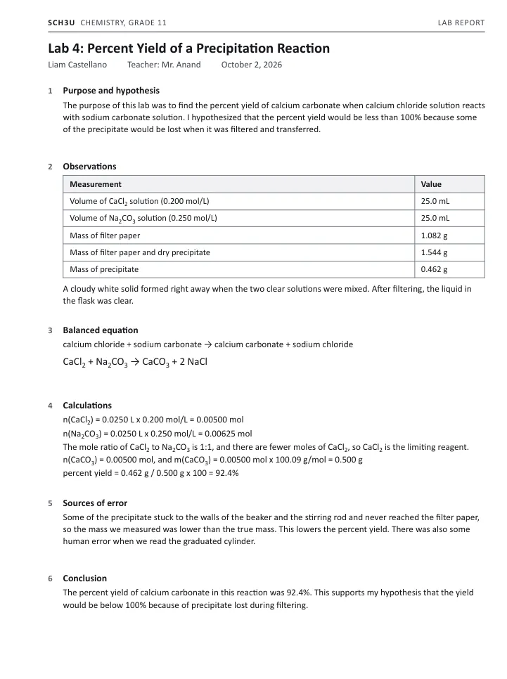 Liam Castellano's chemistry lab report as he handed it in: six numbered sections with a data table and calculations, nothing marked yet.