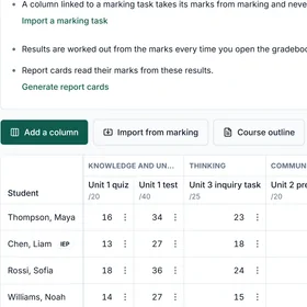 A class gradebook in Margin: each student’s marks under Knowledge, Thinking and Communication