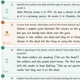 A history test marked by Margin: each handwritten answer boxed, with its mark and category beside it