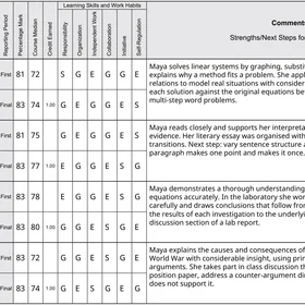 A report card on the school’s own form: marks, learning skills and a comment for each course